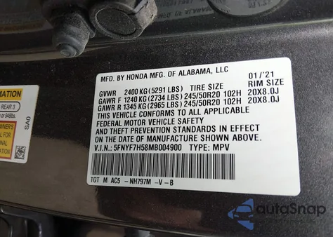 2021 Honda Passport 2Wd Ex-L from USA, damaged, VIN 5FNYF7H58MB004900